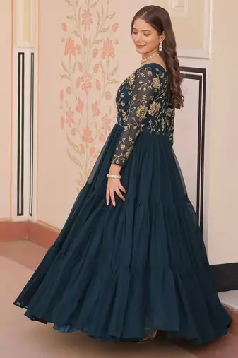 designer teal a-line faux blooming anarkali gown