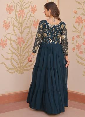 designer teal a-line faux blooming anarkali gown 4