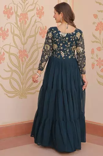 designer teal a-line faux blooming anarkali gown