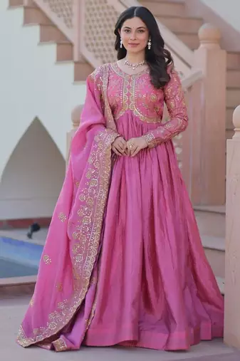 Pink gold crush embroidered designer anarkali gown with dupatta