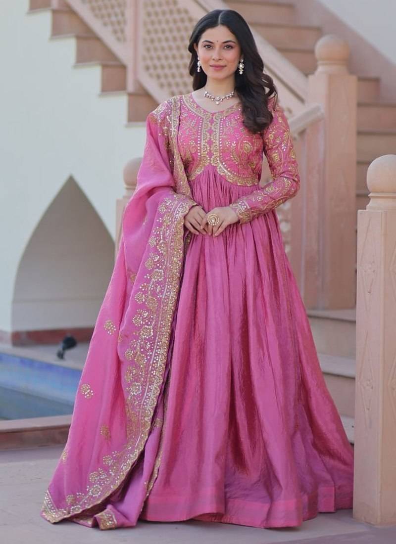 pink gold crush embroidered anarkali set