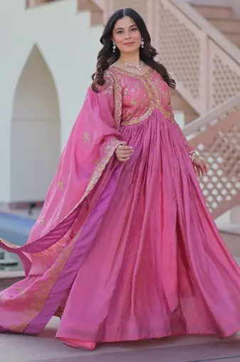 pink gold crush embroidered anarkali set