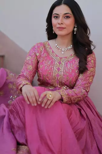 pink gold crush embroidered anarkali set