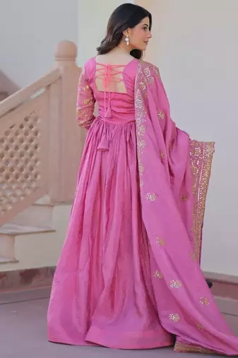 pink gold crush embroidered anarkali set