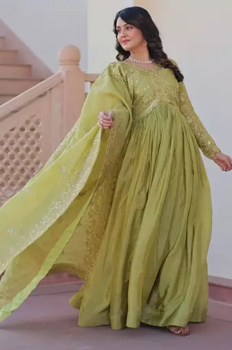 green gold crush anarkali with embroidered dupatta