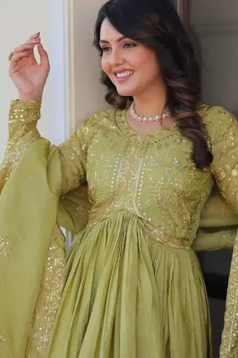green gold crush anarkali with embroidered dupatta
