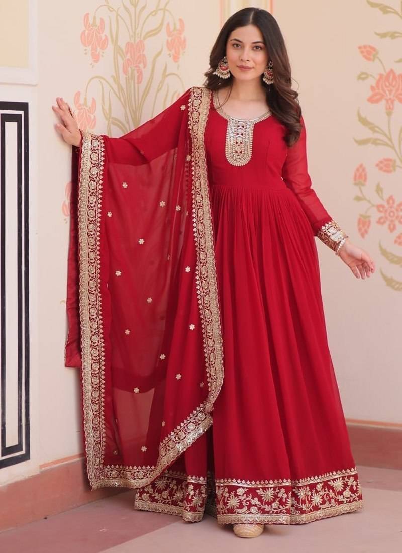 maroon faux blooming anarkali with dupatta