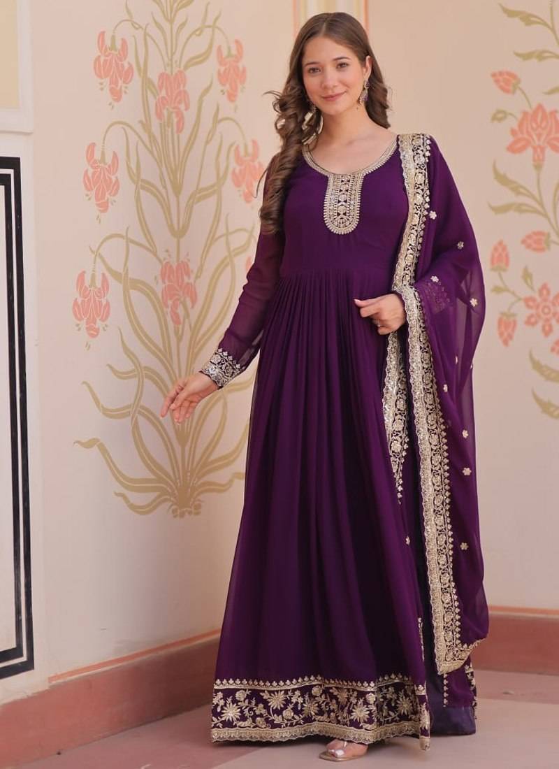 purple faux blooming anarkali with dupatta