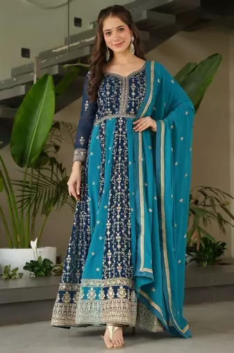 Blue faux blooming embroidered designer anarkali gown with dupatta