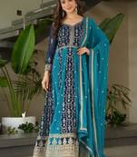 designer blue faux a-line anarkali set