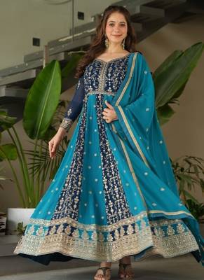 designer blue faux a-line anarkali set 2