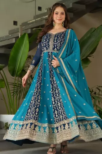 designer blue faux a-line anarkali set