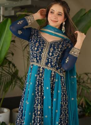 designer blue faux a-line anarkali set 3