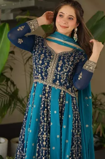 designer blue faux a-line anarkali set