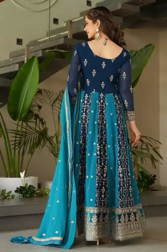 designer blue faux a-line anarkali set