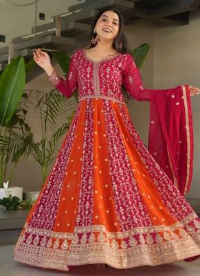 rani pink faux embroidered anarkali set 2