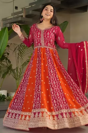 rani pink faux embroidered anarkali set