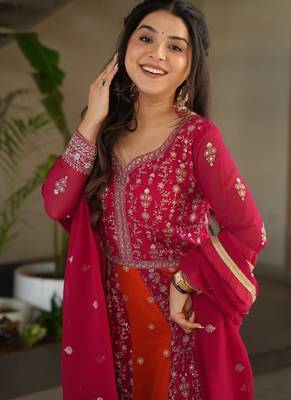 rani pink faux embroidered anarkali set 3