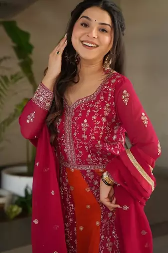 rani pink faux embroidered anarkali set