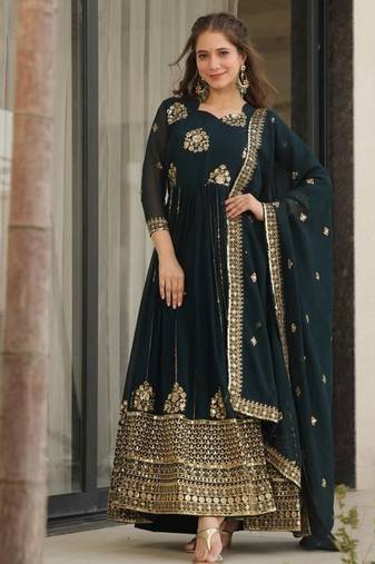 designer teal faux blooming a-line anarkali set