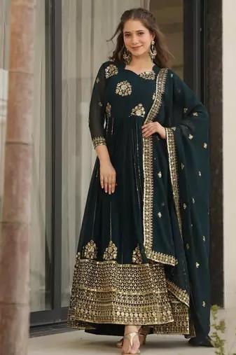Teal faux blooming embroidered designer anarkali gown with dupatta