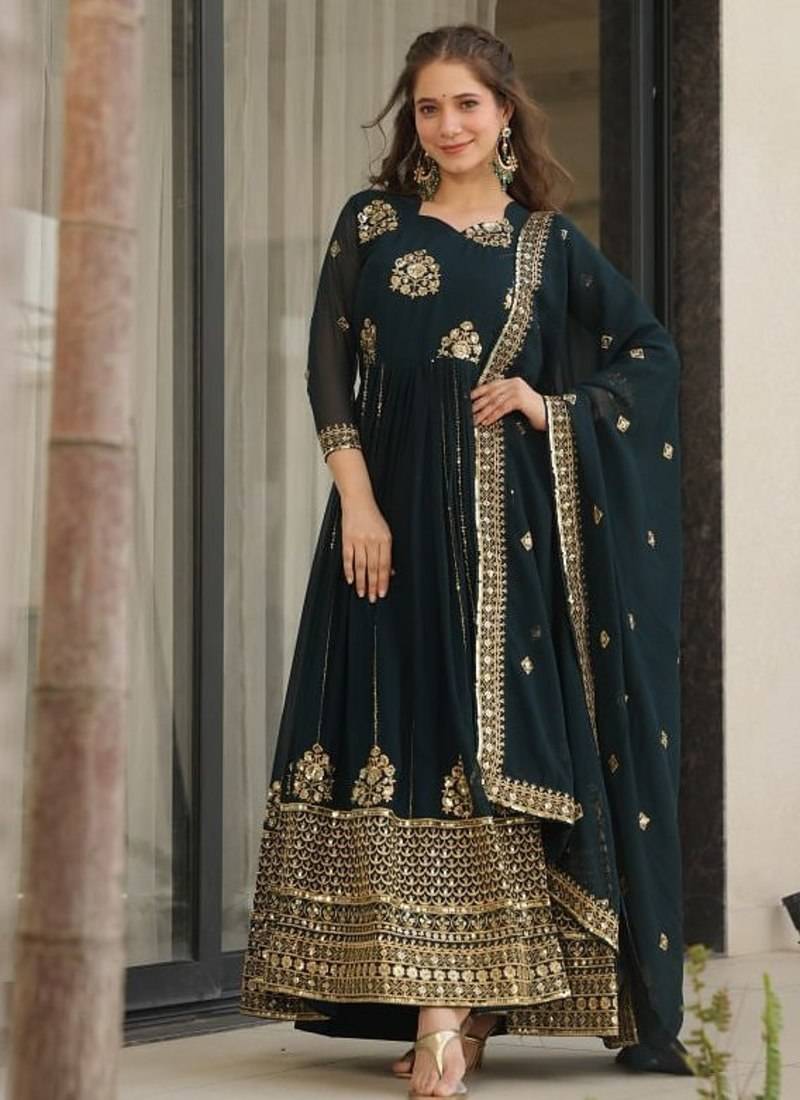 designer teal faux blooming a-line anarkali set