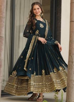 designer teal faux blooming a-line anarkali set 2