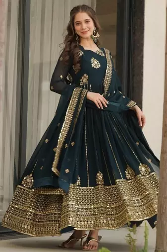 designer teal faux blooming a-line anarkali set