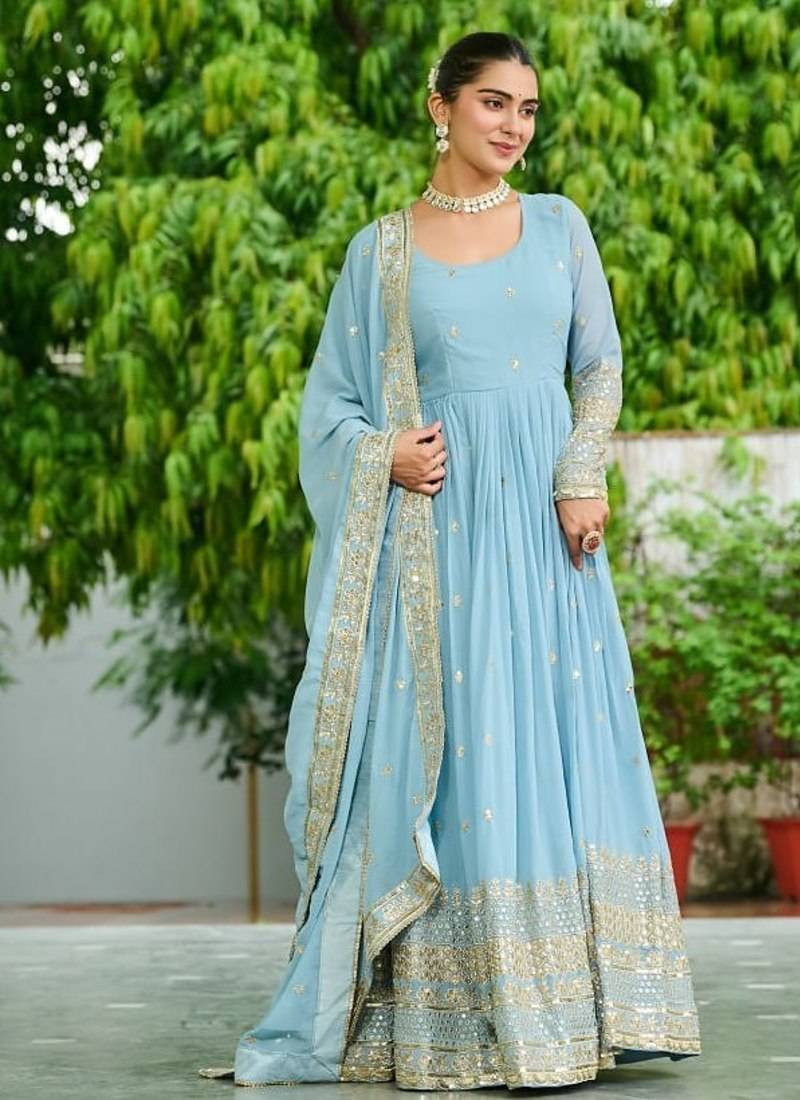 sky blue faux georgette embroidered anarkali set