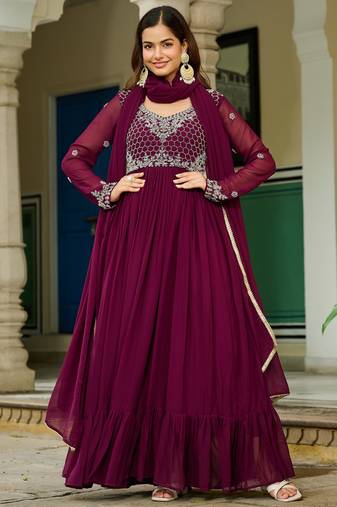 designer wine faux blooming bead anarkali set