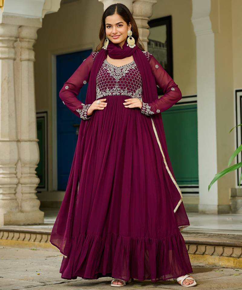designer wine faux blooming bead anarkali set
