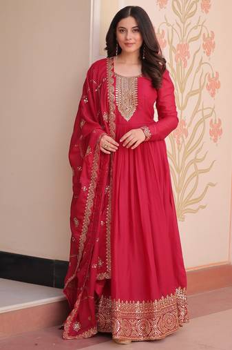 rani pink star georgette a-line anarkali set