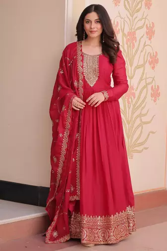 Rani pink star georgette embroidered designer anarkali gown with dupatta