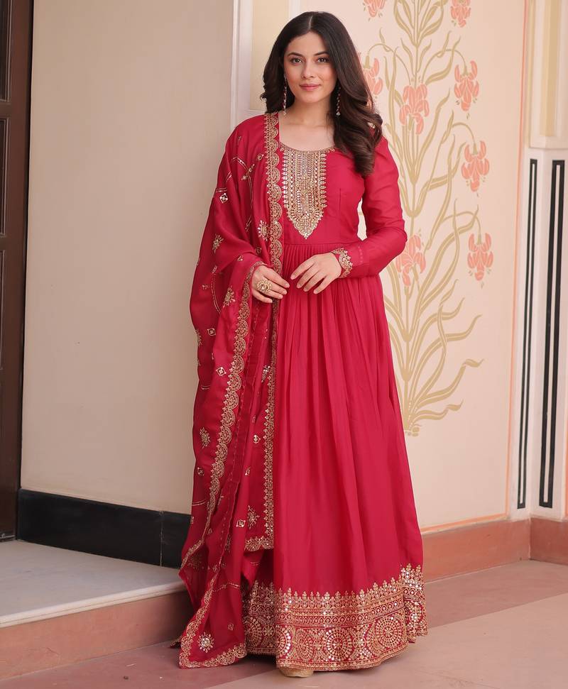 rani pink star georgette a-line anarkali set
