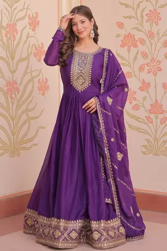 Purple star georgette embroidered designer anarkali gown with dupatta