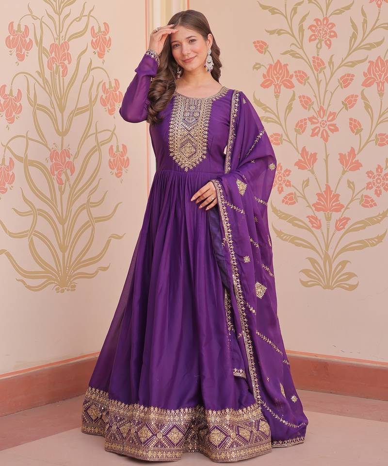 purple star georgette anarkali with dupatta