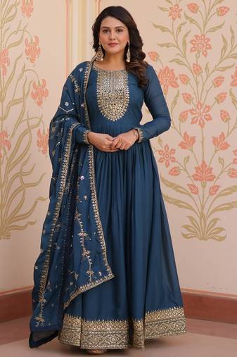 designer teal star georgette a-line anarkali