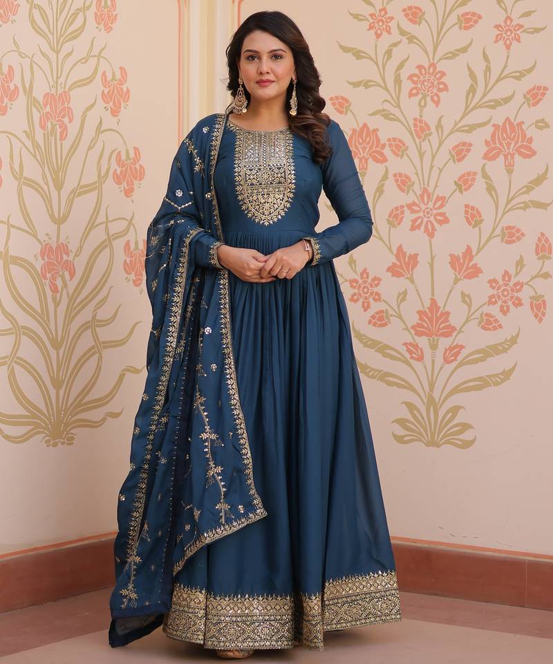 designer teal star georgette a-line anarkali