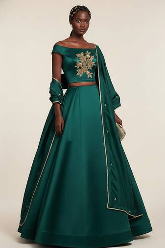 green embroidered satin lehenga set