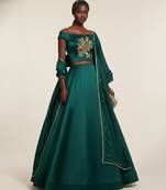 green embroidered satin lehenga set