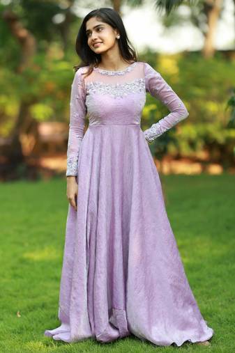 Lilac hand embroidered anarkali in fendi silk with dupatta