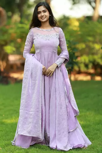 Lilac hand embroidered anarkali in fendi silk with dupatta