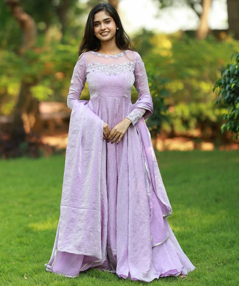 Lilac hand embroidered anarkali in fendi silk with dupatta