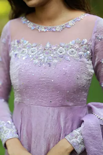 Lilac hand embroidered anarkali in fendi silk with dupatta