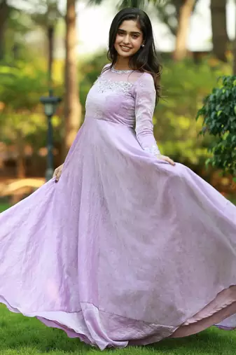 Lilac hand embroidered anarkali in fendi silk with dupatta