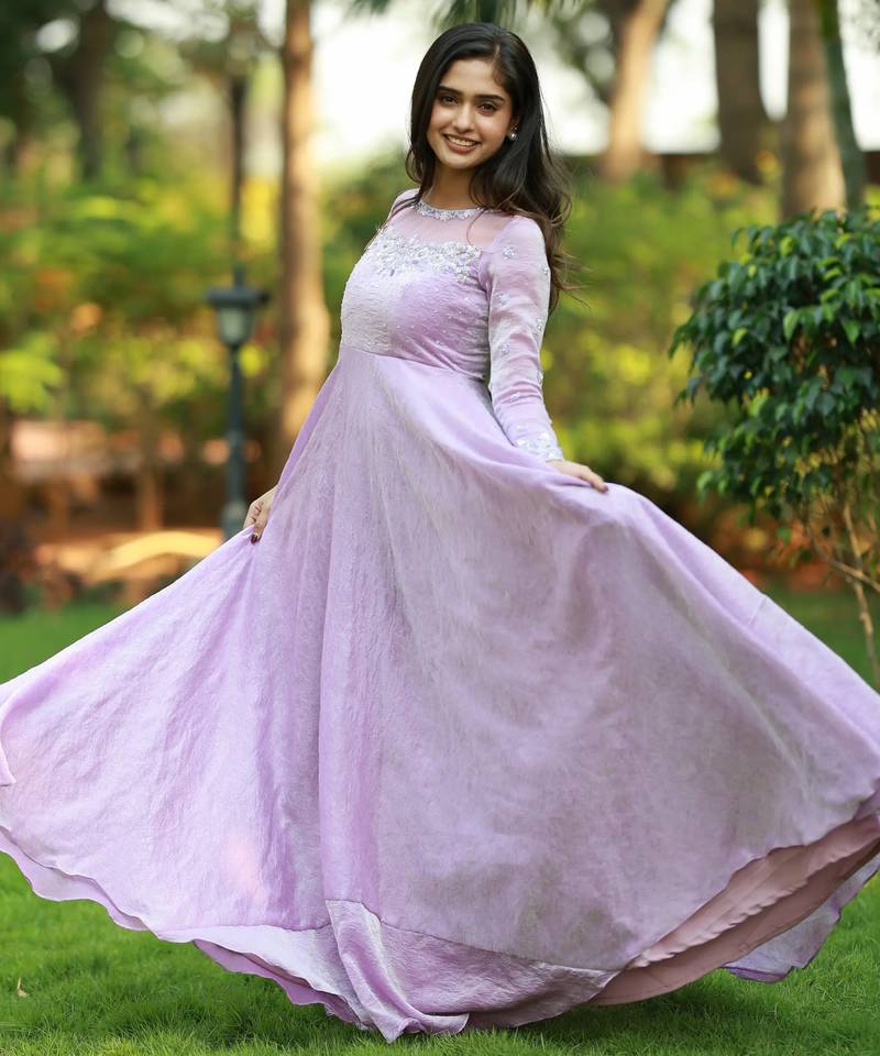 Lilac hand embroidered anarkali in fendi silk with dupatta