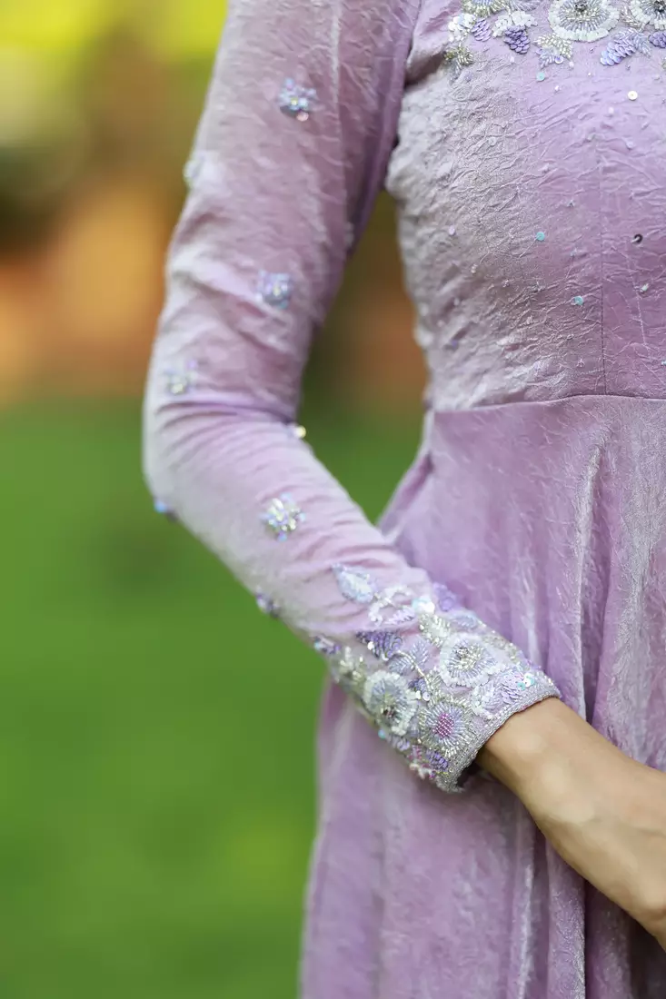 Lilac hand embroidered anarkali in fendi silk with dupatta