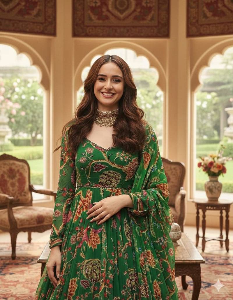 Mahendi Green Full Flared Printed Anarkali With Dupatta  set of 2 pc 