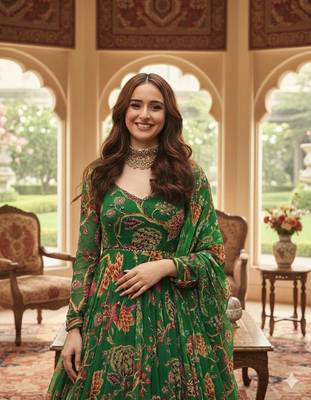 Mahendi Green Full Flared Printed Anarkali With Dupatta  set of 2 pc  2