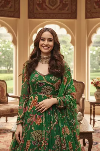 Mahendi Green Full Flared Printed Anarkali With Dupatta  set of 2 pc 